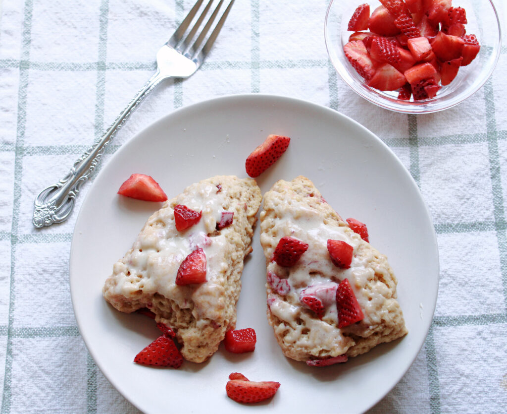 Strawberry Scones made with sourdough discard on a plate.