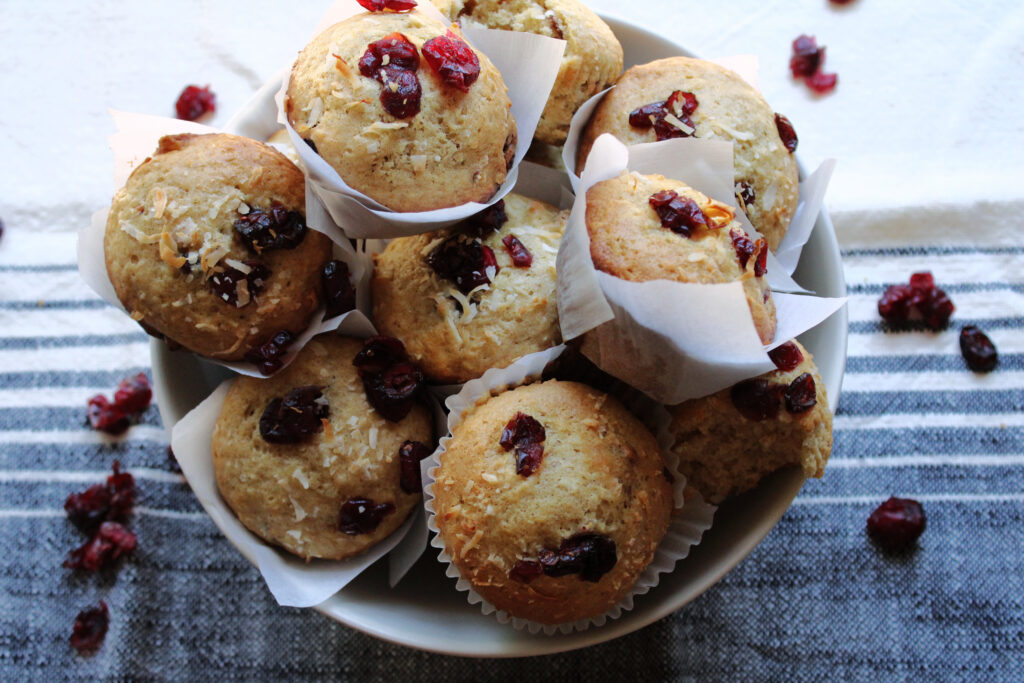 The best sourdough discard muffins with cranberry and coconut.