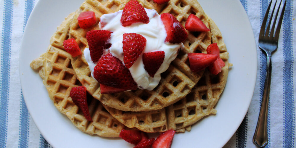 easy protein-packed sourdough waffles with strawberries