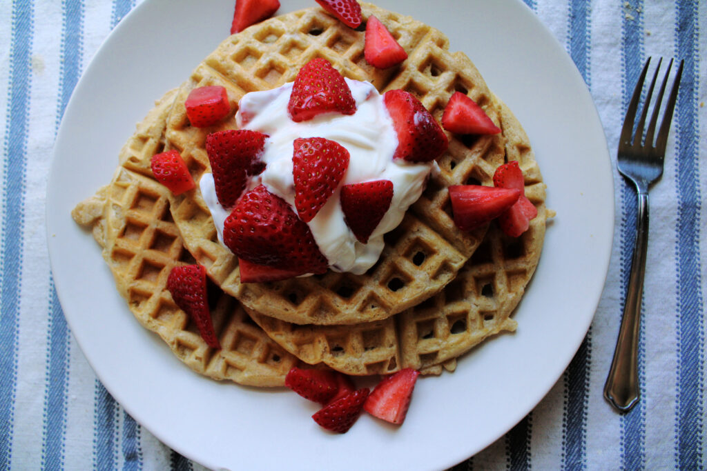 Easy protein-packed sourdough waffles with strawberries