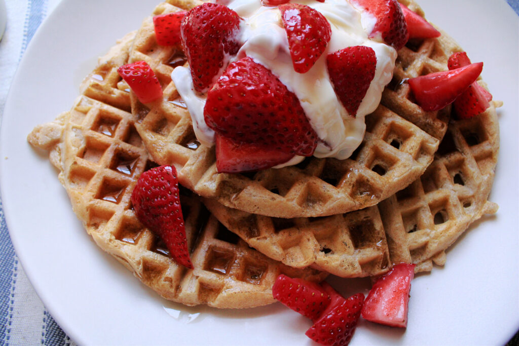 Easy protein-packed sourdough waffles with strawberries