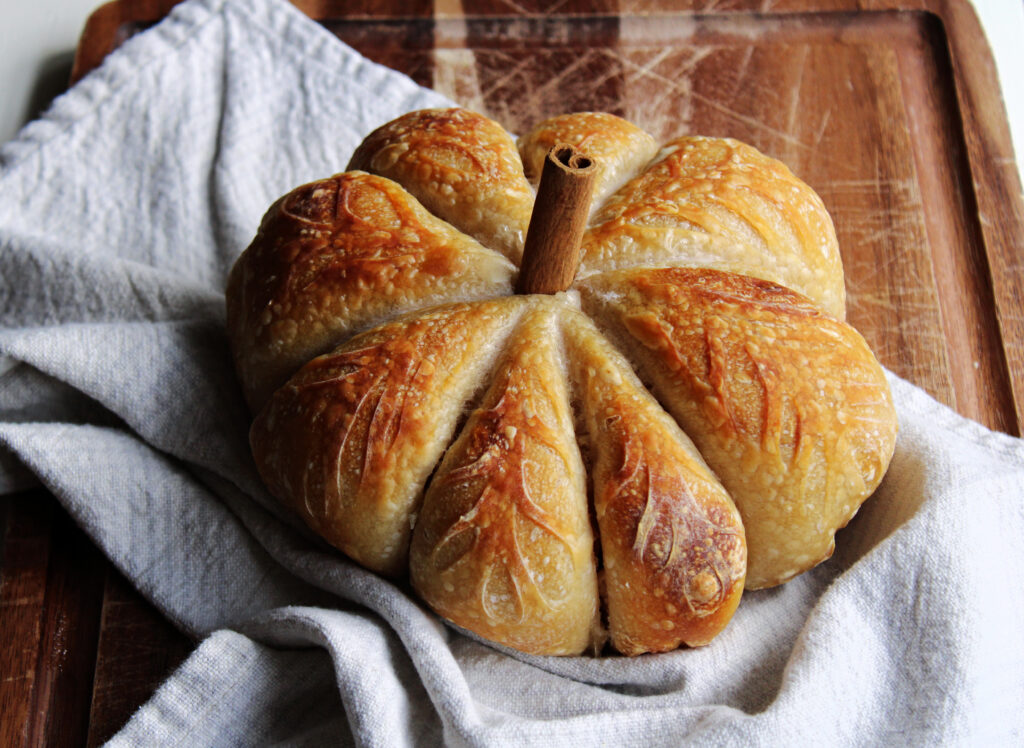 fall-inspired pumpkin shaped sourdough loaf