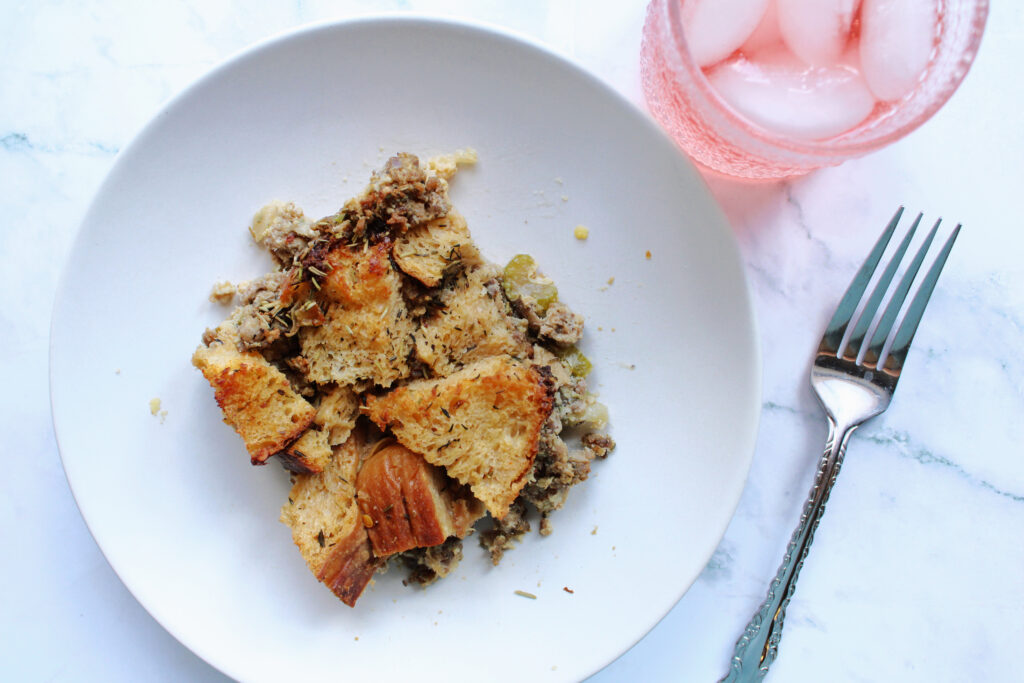 Close up of holiday sourdough stuffing with crispy edges and a soft center.