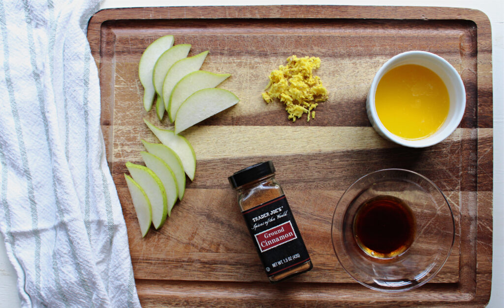 Overhead of simple pear and ginger galette ingredients.