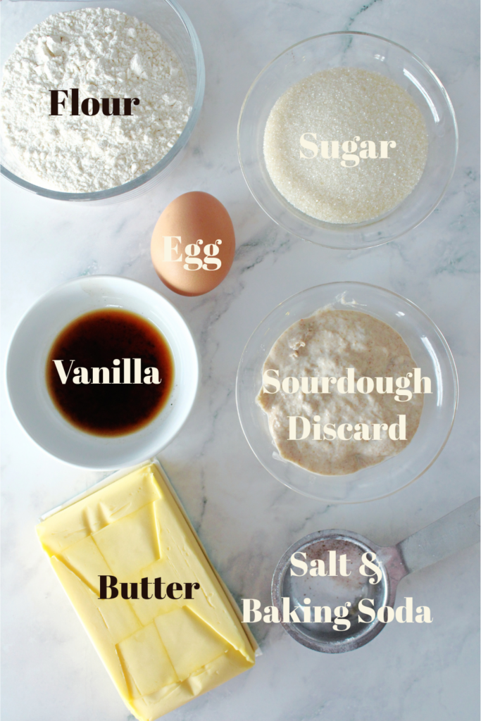 sourdough sugar cookie ingredients on the counter.