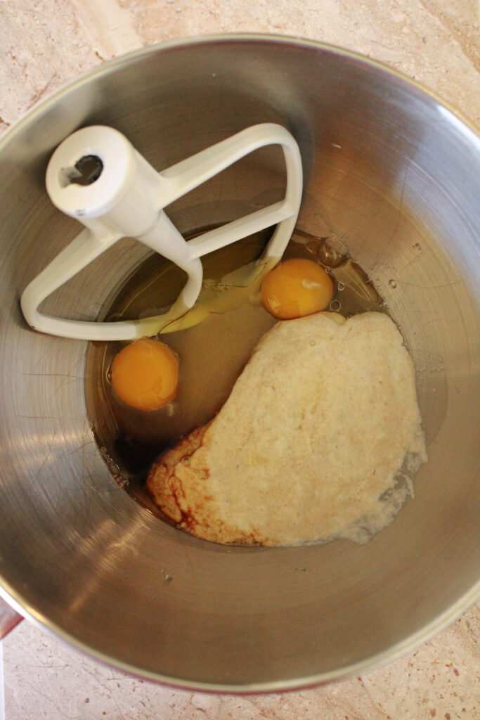 Wet ingredients in a mixing bowl.