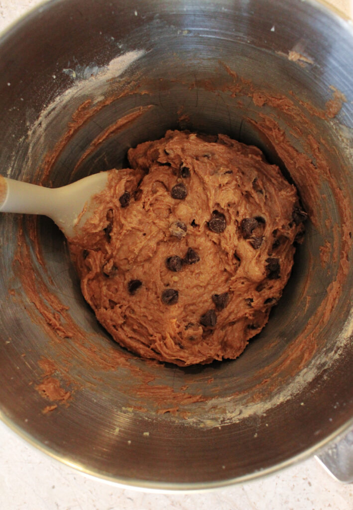 Chocolate cupcake batter with chocolate chips folded into the batter in a mixing bowl.
