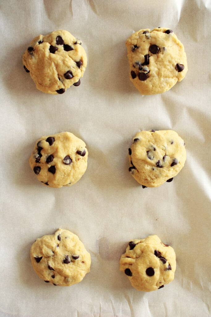 Sourdough chocolate chip scone dough on parchment paper.