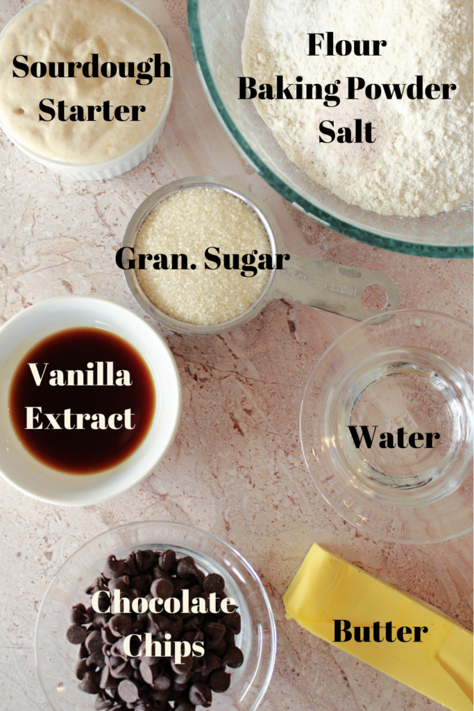 Chocolate chip sourdough scone ingredients measured in bowls.