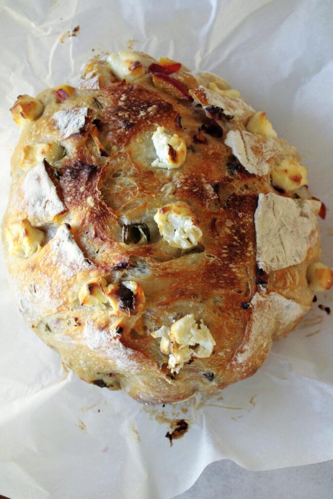 Japapeno popper sourdough with summer peaches fully baked.