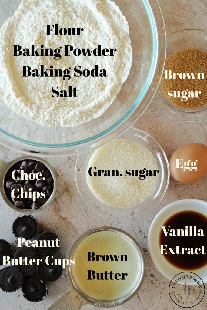 Salted caramel peanut butter cup cookie ingredients sitting on the counter.