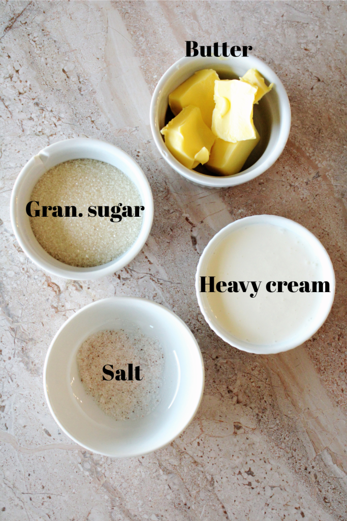 Caramel sauce ingredients for the salted caramel peanut butter cup cookies.