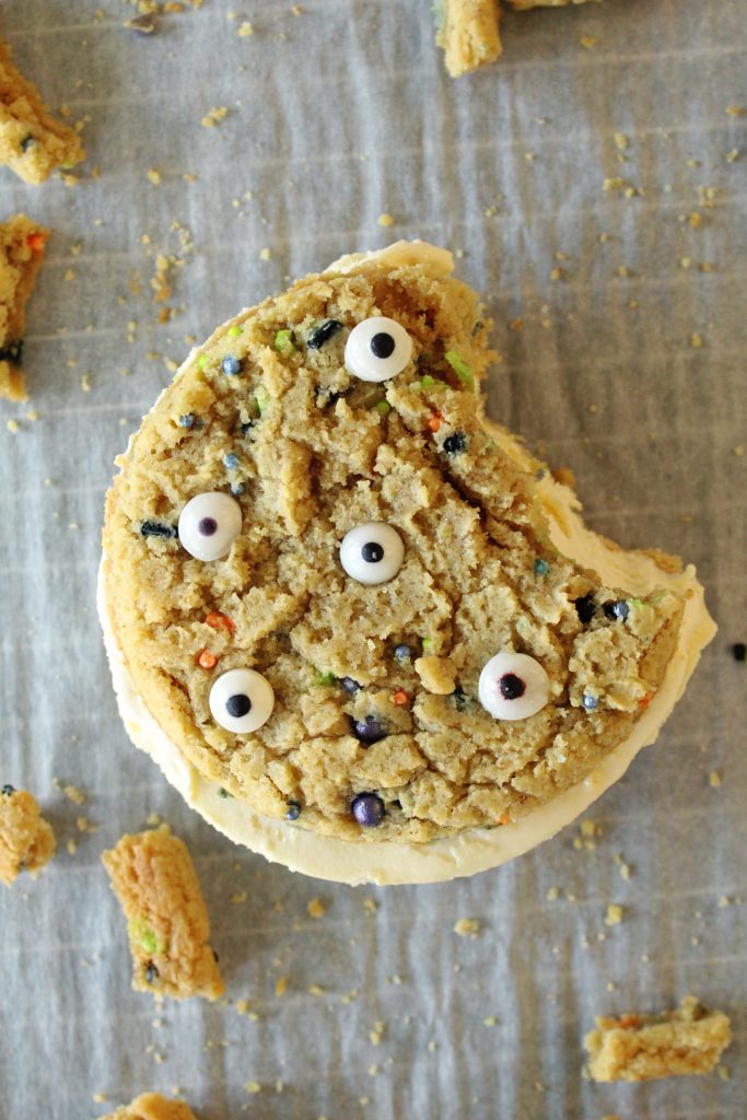 Halloween Monster Ice Cream Sandwiches bitten into.