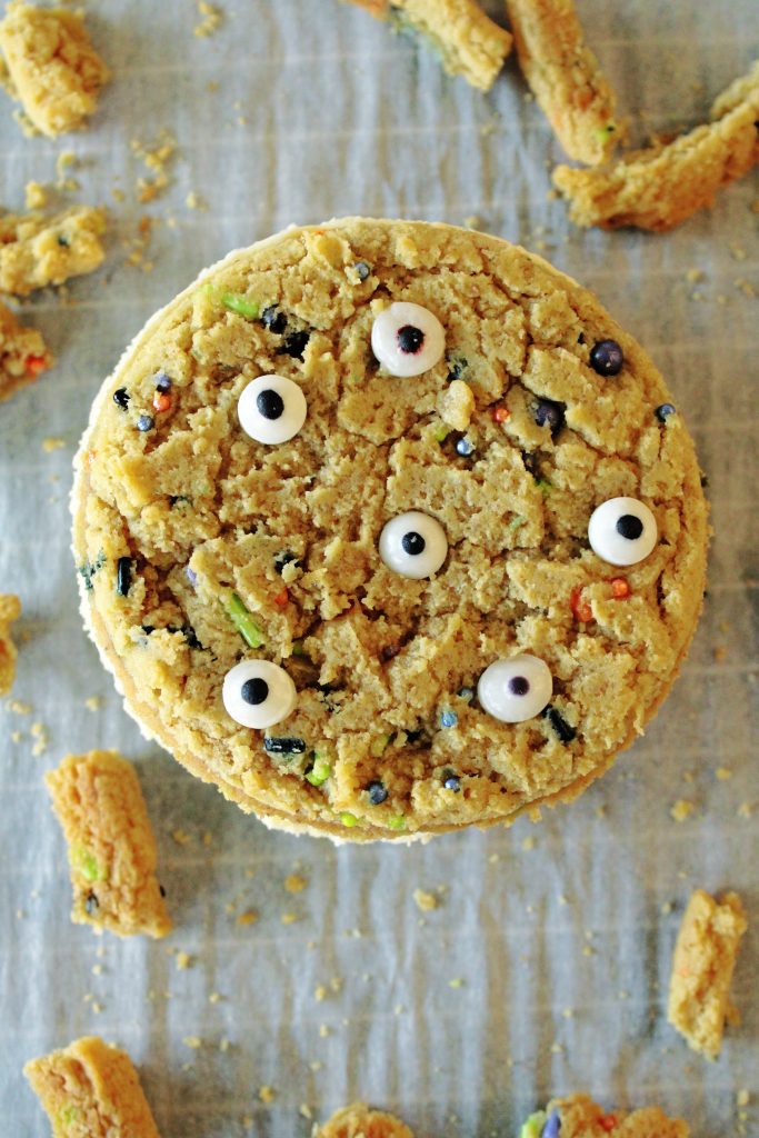 Overhead view of the finished Halloween Monster Ice Cream Sandwich.