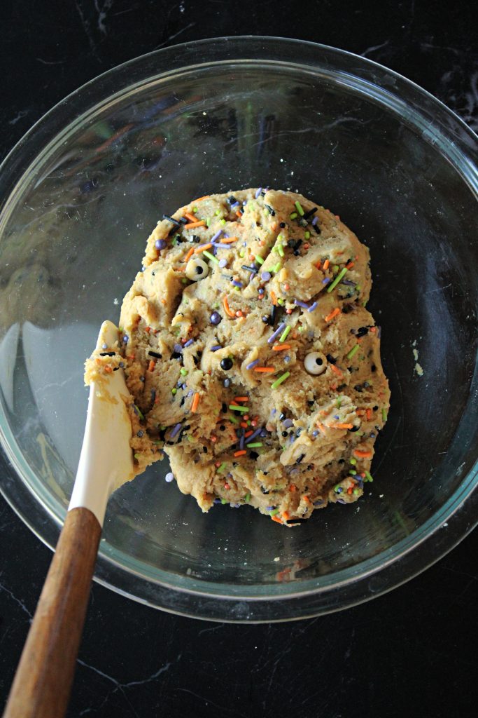 Cookie dough for the Halloween Monster Ice Cream Sandwiches mixed with sprinkles.