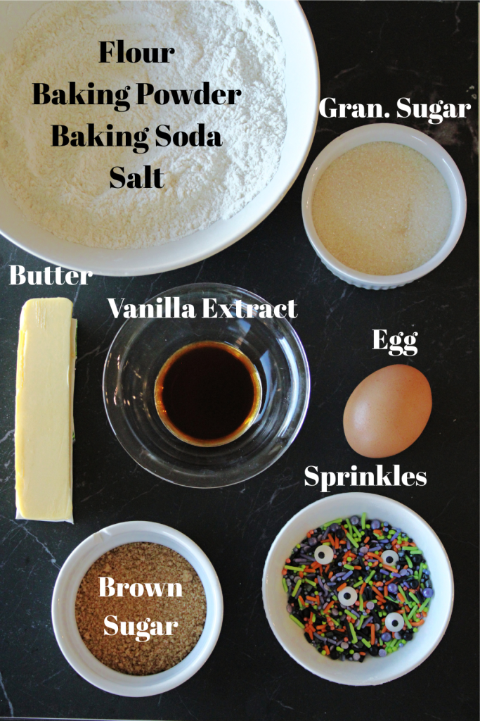 Ingredients laid out for the Halloween Monster Ice Cream Sandwiches.